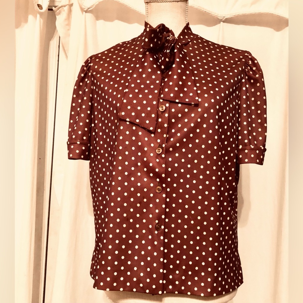 Custom Made Brown & White Polka Dot Blouse size Medium